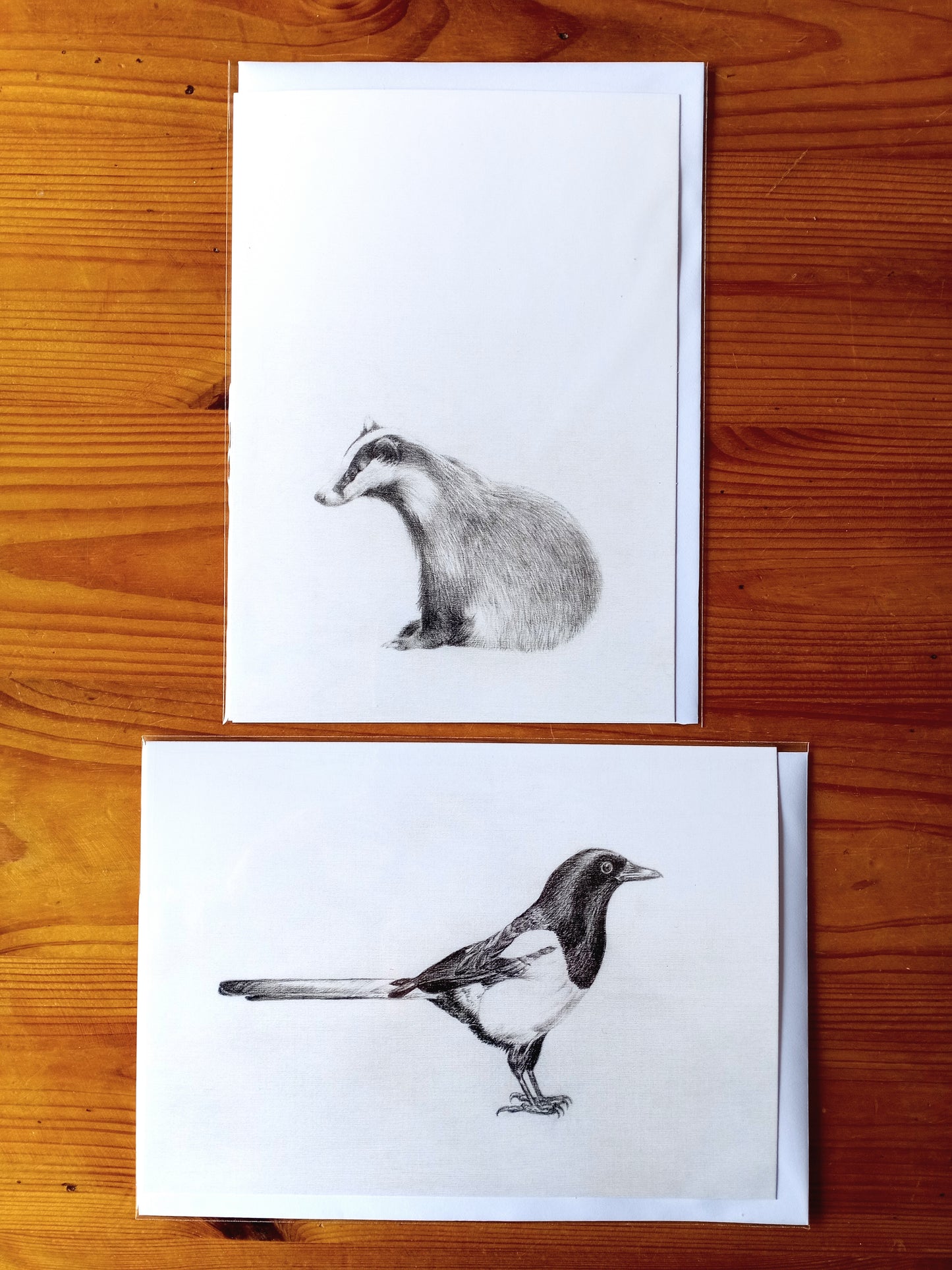 Pack of 2 "Drawings on Cotton" Printed Cards - Badger and Magpie